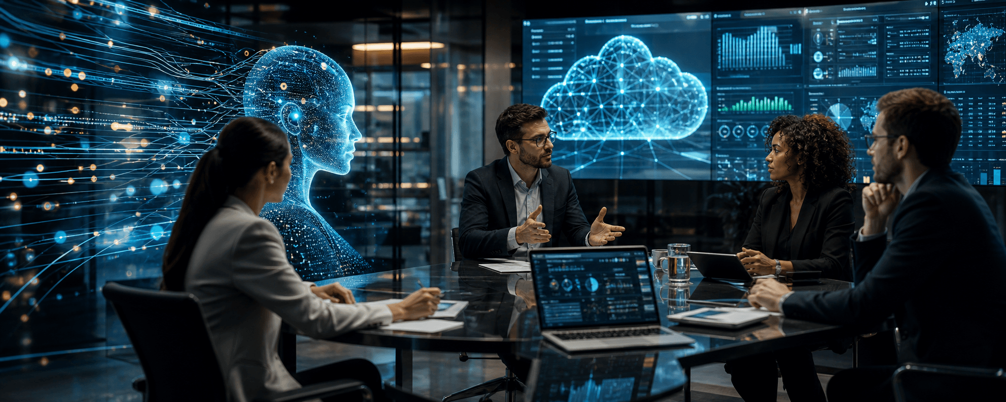 Analysts reviewing AI insights in a digital studio